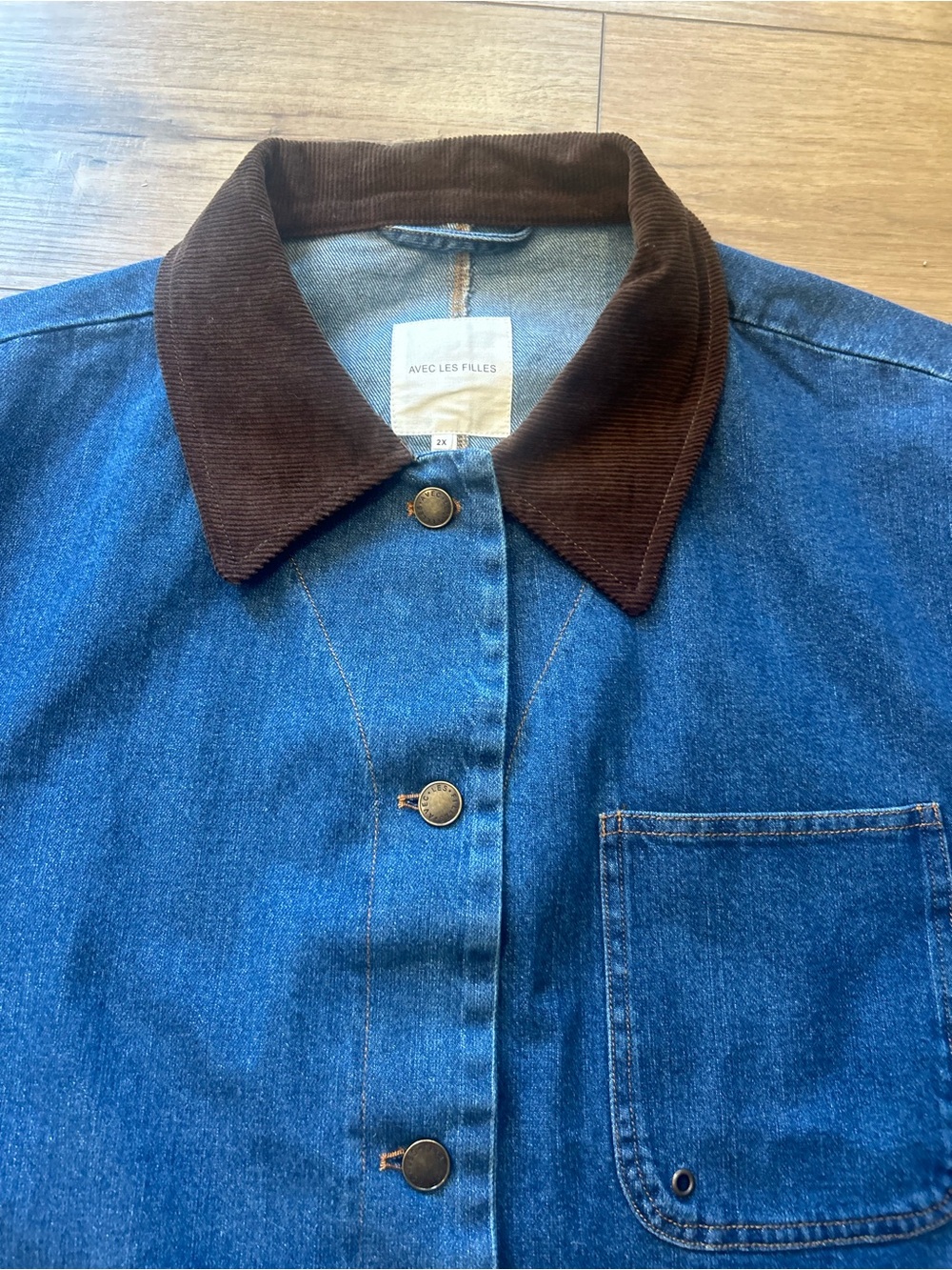 Avec les Filles Medium Blue Denim Relaxed Barn Chore Jacket Corduroy Collar 2X - Picture 2 of 8